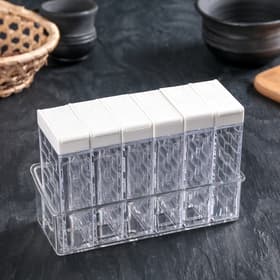 Ёмкости для специй «Компакт», набор 6 шт. на подставке, двусторонний дозатор, 16×11×7 см, прозрачные