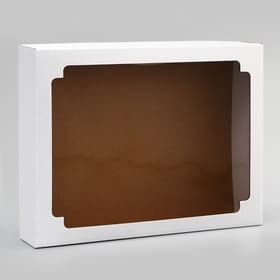 Коробка сборная без печати крышка-дно белая с окном, 31.3×24.6×6.2 см