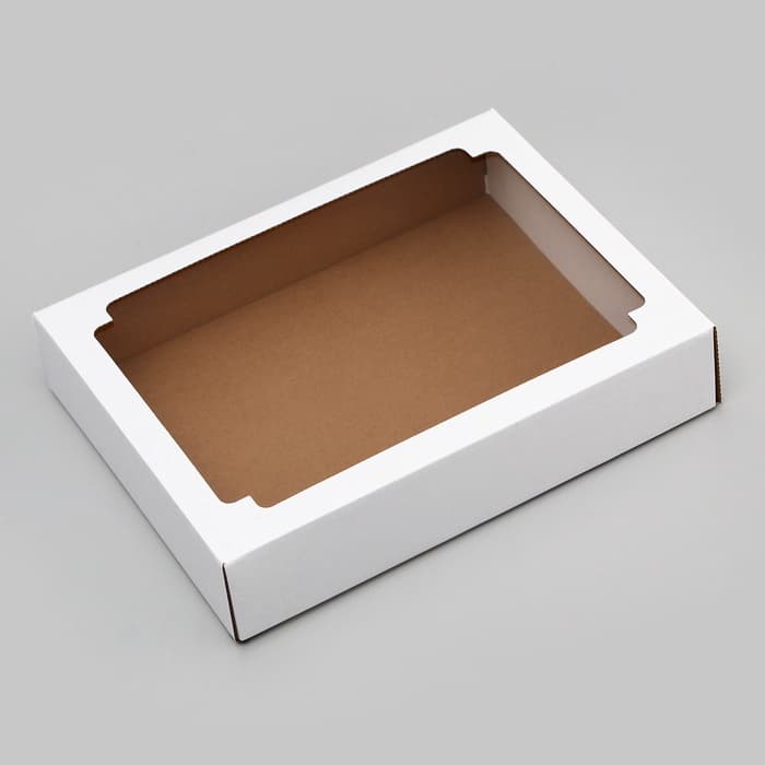 Коробка сборная без печати крышка-дно белая с окном, 31.3×24.6×6.2 см