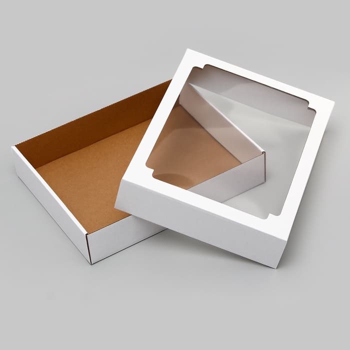 Коробка сборная без печати крышка-дно белая с окном, 31.3×24.6×6.2 см