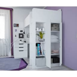 Кровать-чердак Polini kids Simple, с письменным столом и шкафом, 2050×1543×1993 мм, цвет белый