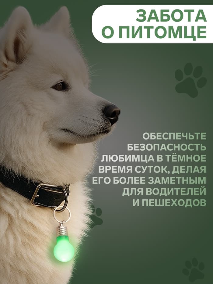 Световой маячок на ошейник, для больших и средних собак, фасовка 12 шт., пластик, металл, зелёный