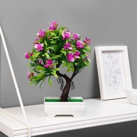 Бонсай искусственный в горшке «Деревце с тонкими листьями и цветами», 10×24 см, МИКС