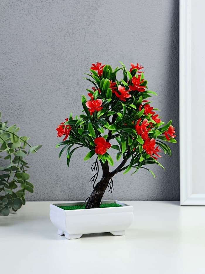 Бонсай искусственный в горшке «Деревце с тонкими листьями и цветами», 10×24 см, МИКС