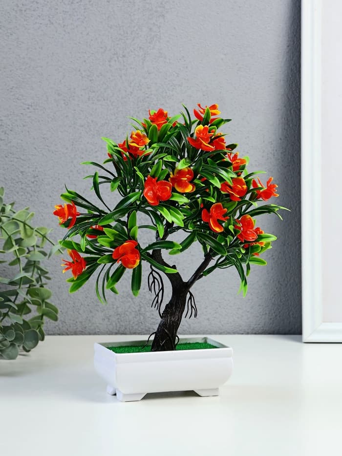 Бонсай искусственный в горшке «Деревце с тонкими листьями и цветами», 10×24 см, МИКС