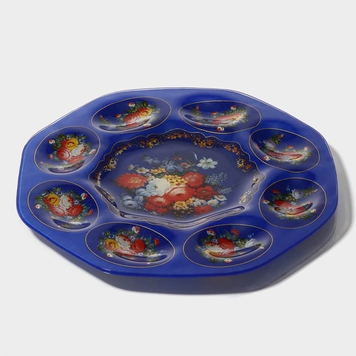 Подставка для яиц 8 ячеек Доляна «Русские мотивы», d=21 см, стекло, синяя