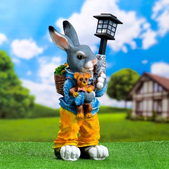 Садовый фонарь из полистоуна «Заяц с фонариком и игрушкой», 27×24×52 см