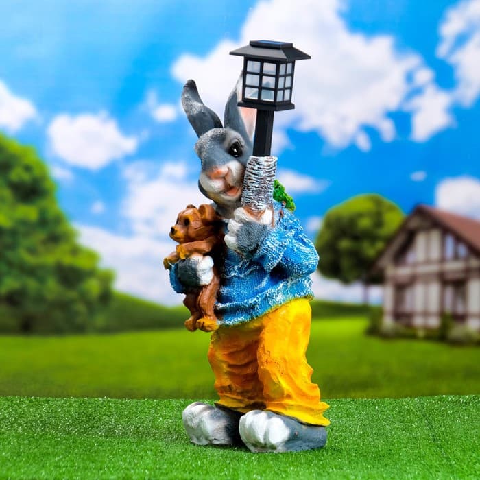 Садовый фонарь из полистоуна «Заяц с фонариком и игрушкой», 27×24×52 см
