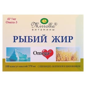 Рыбий жир пищевой Mirrolla с пшеницей, облепихой и шиповником, 100 капсул по 0.37