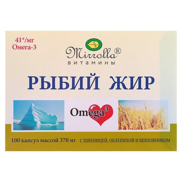 Рыбий жир пищевой Mirrolla с пшеницей, облепихой и шиповником, 100 капсул по 0.37