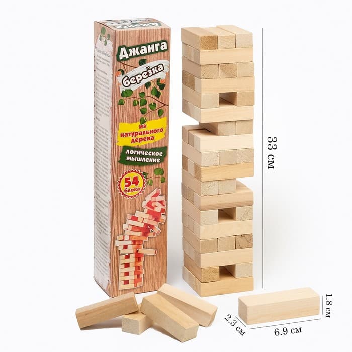 Падающая башня дженга, настольная игра Задира-плюс «Березка» макси, 54 бруска