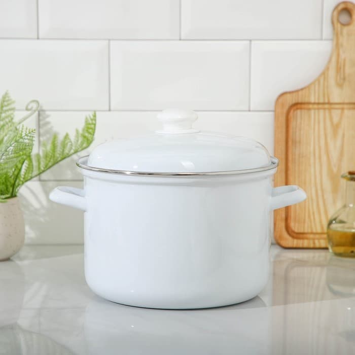 Кастрюля эмалированная, 6 л, d=24 см, с крышкой, без деколи, индукция, белая