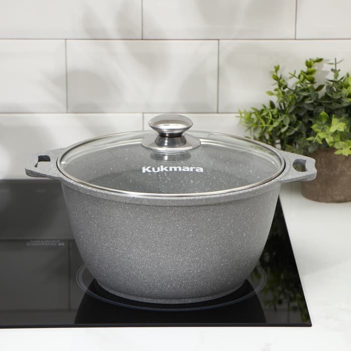 Кастрюля KUKMARA «Мраморная», 4 л, d=26 см, h=14 см, стеклянная крышка, антипригарное покрытие, литой алюминий, серая