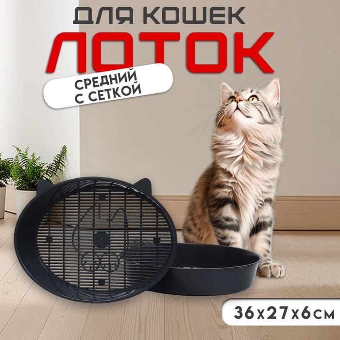 Туалет для кошек «Киса», 36×27×6 см, с сеткой, пластик, серый микс