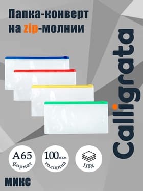 Папка-конверт на ZIP-молнии А65, 100 мкм, прозрачная с цветной молнией, МИКС