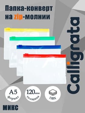 Папка-конверт на молнии А5, 120 мкм, прозрачная с цветной молнией, МИКС