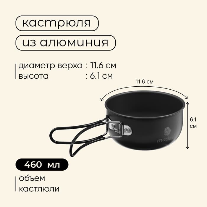 Набор туристической посуды maclay: 2 кастрюли, вилка, ложка, нож