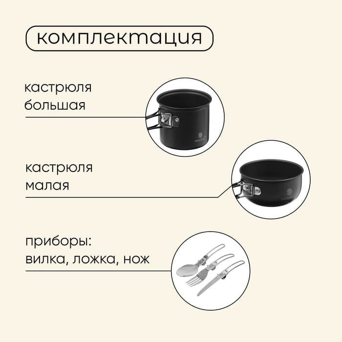 Набор туристической посуды maclay: 2 кастрюли, вилка, ложка, нож
