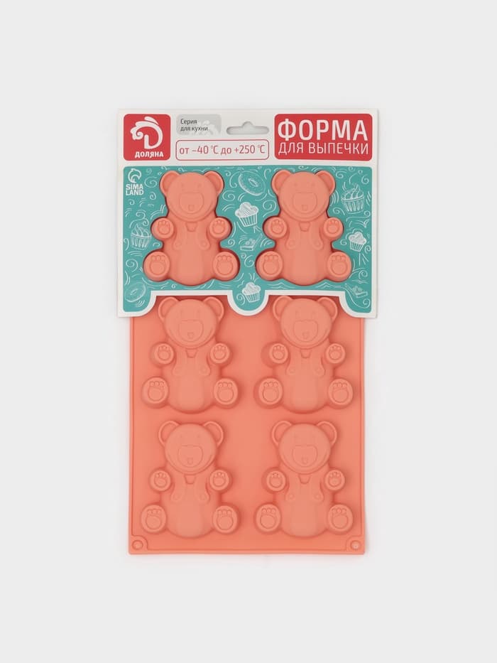 Форма для выпечки Доляна «Животные. Мишка», силикон, 28.5×17 см, 6 ячеек (8.5×7 см), Pantone 1625 C