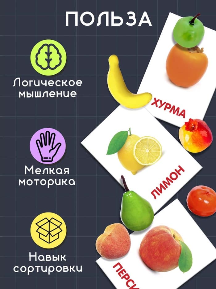 Обучающий набор по методике Г. Домана «Фрукты», 10 карточек, 10 фруктов, счётный материал, 3+, МИКС