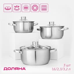Набор кастрюль Доляна «Сильве», 3 предмета: 1.6 л, 2.3 л, 3.2 л, нержавеющая сталь