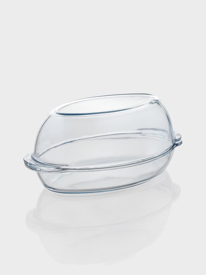 Утятница овальная Paşabahçe, 2,6/1.3 л, с крышкой-формой для запекания, жаропрочное стекло, прозрачная