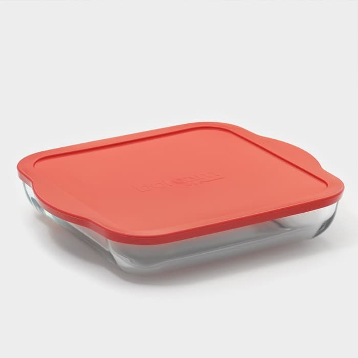 Форма для запекания Paşabahçe Borcam, 3 л, 28.2×31.7 см, с красной крышкой, стекло, прозрачная