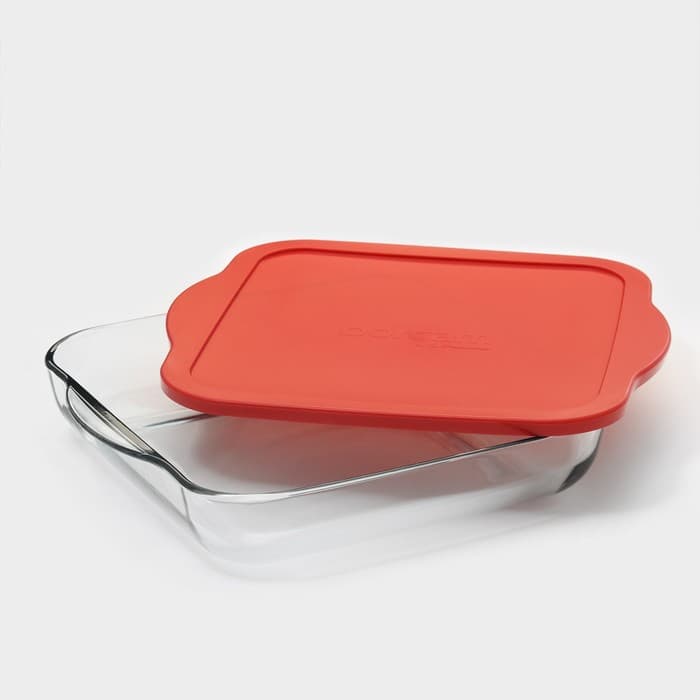 Форма для запекания Paşabahçe Borcam, 3 л, 28.2×31.7 см, с красной крышкой, стекло, прозрачная