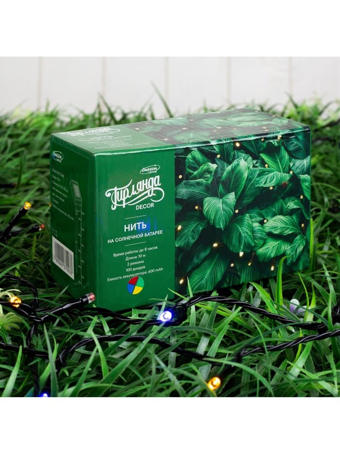 Гирлянда «Нить», 10 м, уличная, IP44, 100 LED, 2 режима, солнечная батарея, тёмная нить, свечение мульти