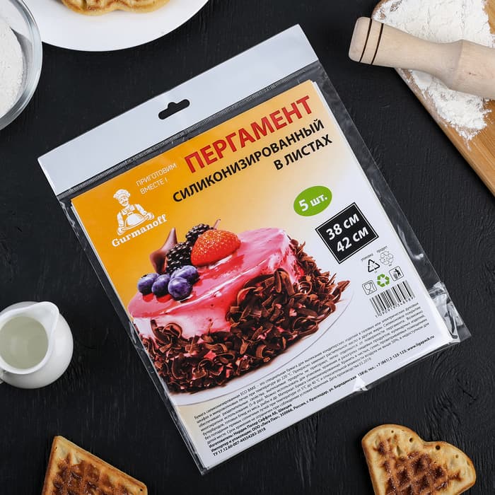 Бумага для выпечки силиконизированная Gurmanoff, 38×42 см, пергамент набор 5 листов, белая