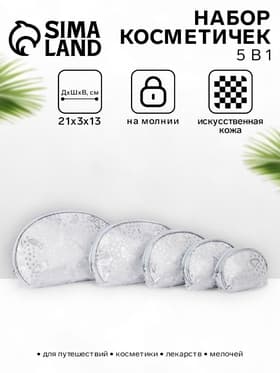 Набор женских косметичек 5 в 1 на молниях, с принтом, серебристый