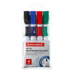 Набор маркеров для доски Brauberg. Soft, 4 цвета, узел 5.0 мм, ширина линии 5.0 мм, резиновая вставка, водные