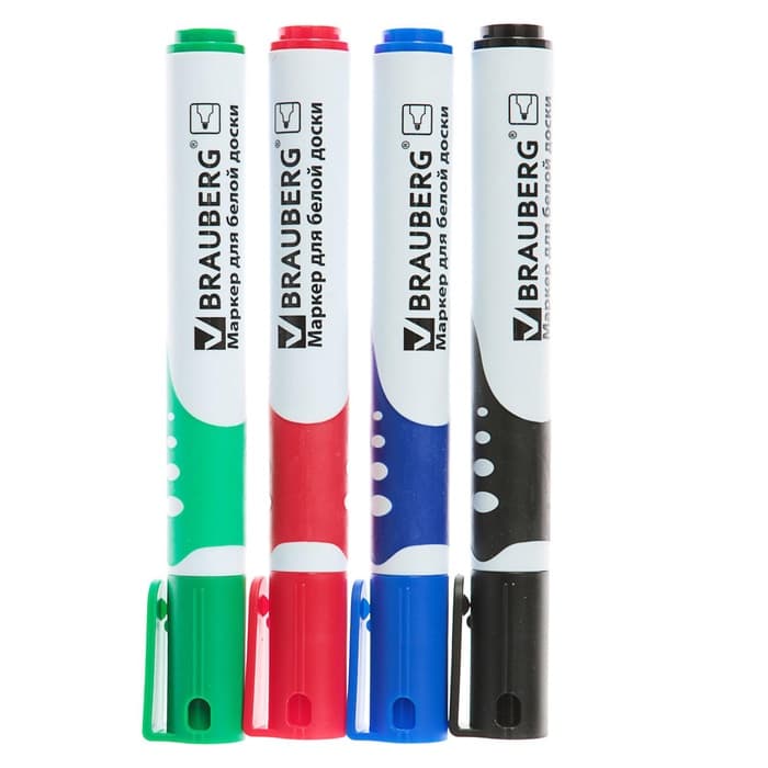 Набор маркеров для доски Brauberg. Soft, 4 цвета, узел 5.0 мм, ширина линии 5.0 мм, резиновая вставка, водные