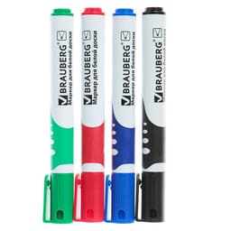 Набор маркеров для доски Brauberg. Soft, 4 цвета, узел 5.0 мм, ширина линии 5.0 мм, резиновая вставка, водные
