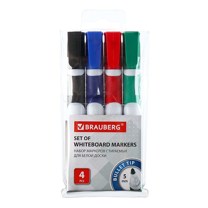 Набор маркеров для доски Brauberg. Soft, 4 цвета, узел 5.0 мм, ширина линии 5.0 мм, резиновая вставка, водные