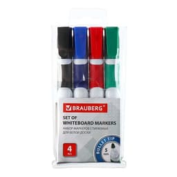 Набор маркеров для доски Brauberg. Soft, 4 цвета, узел 5.0 мм, ширина линии 5.0 мм, резиновая вставка, водные