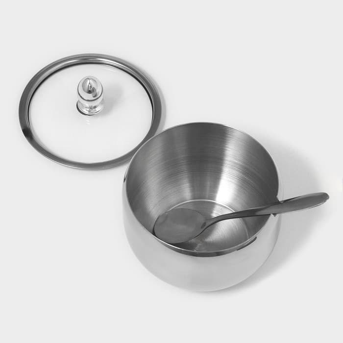 Сахарница Доляна, 250 мл, 8.5×10 см, с крышкой, с ложкой, нержавеющая сталь, серебристая