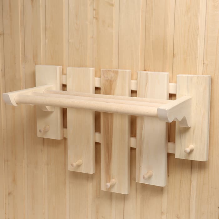 Полка - вешалка для бани и сауны, 58×50×30 см, настенная, липа, 5 крючков, «Добропаровъ»