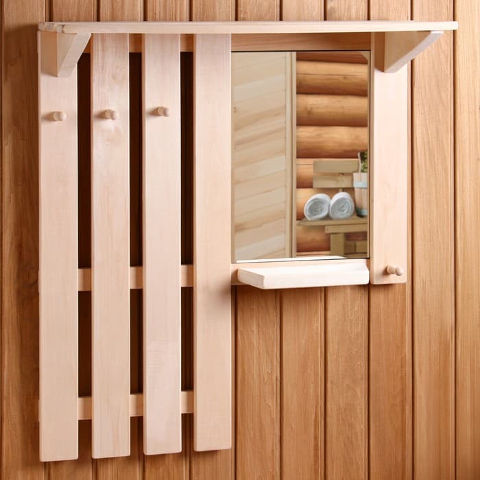 Полка - вешалка для бани и сауны, настенная с зеркалом, липа, 4 крючка, «Добропаровъ»