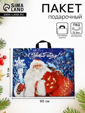 Пакет подарочный «Новогодний визит», полиэтиленовый с петлевой ручкой, 60×50 см