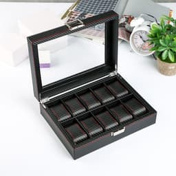 Шкатулка для часов 10 отделений «Карбон с красной строчкой», с замком, искусственная кожа, 8×28×21 см