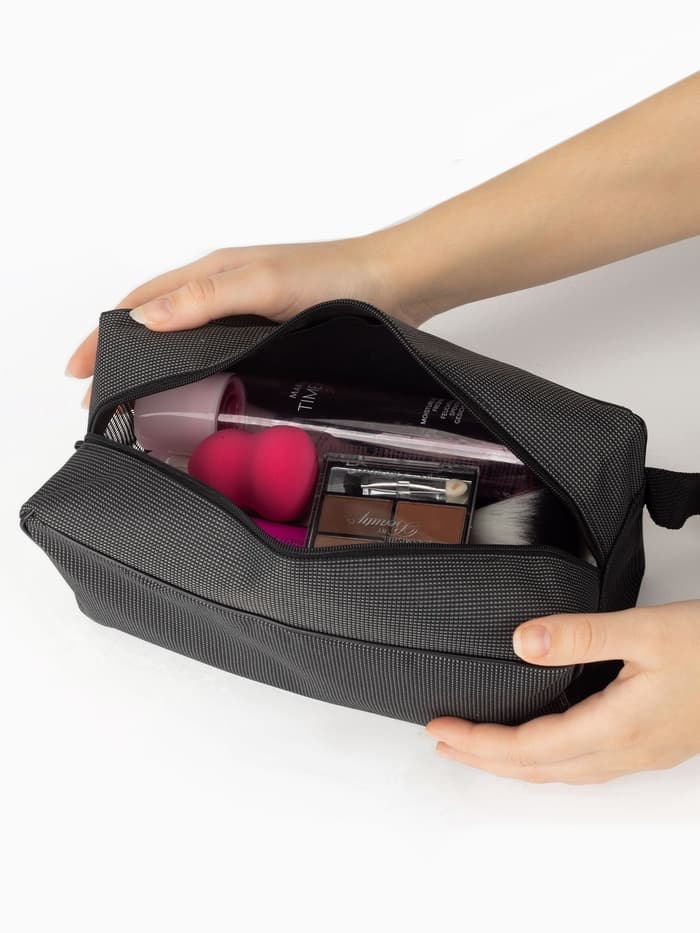Косметичка на молнии дорожная, с ручкой, с сеткой, тёмно-серая