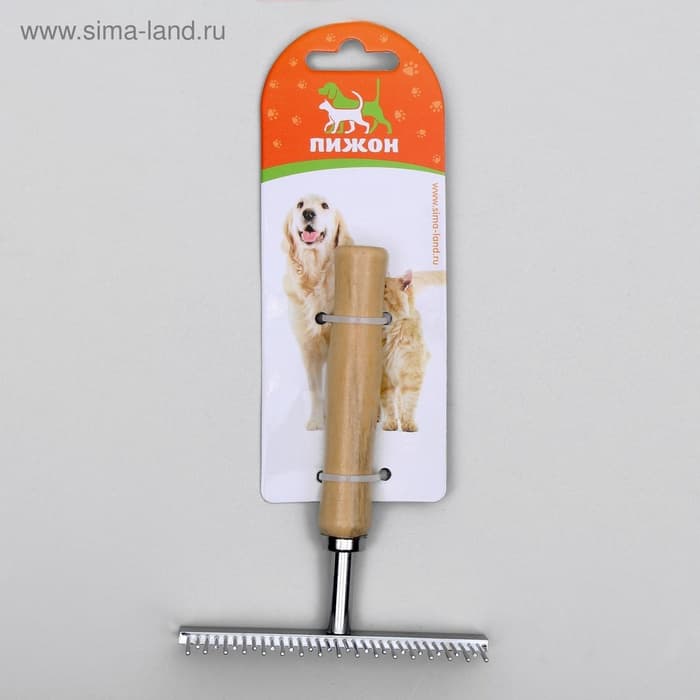 Расчёска-грабли для шерсти Wood, 12.5×9.5 см, с зубьями разной длины, деревянная ручка