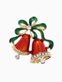 Брошь новогодняя «Колокольчики», красно-зелёные в золоте