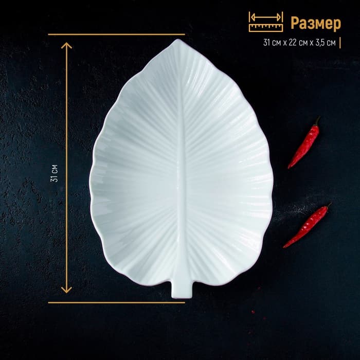 Блюдо Magistro «Лист Бланш», 31×22×3.5 см, фарфор, белое