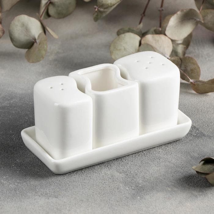 Набор для специй Magistro «Бланш», солонка 65 мл, перечница 60 мл, ёмкость для зубочисток, на подставке, фарфор, белый