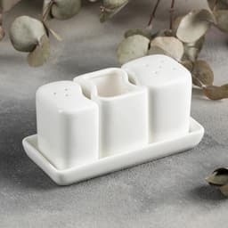 Набор для специй Magistro «Бланш», солонка 65 мл, перечница 60 мл, ёмкость для зубочисток, на подставке, фарфор, белый