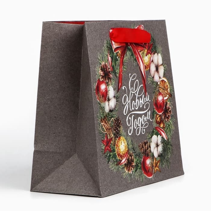 Пакет подарочный новогодний крафтовый квадратный «С Новым годом», 22×22×11 см