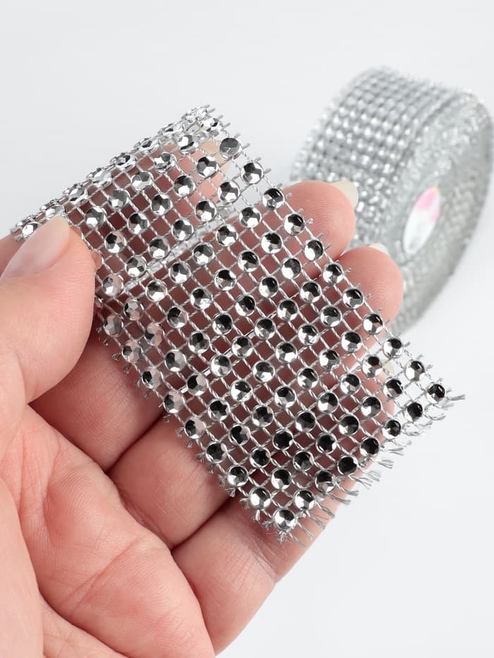 Лента с имитацией страз, 4 см, 9±1 м, цвет серебряный