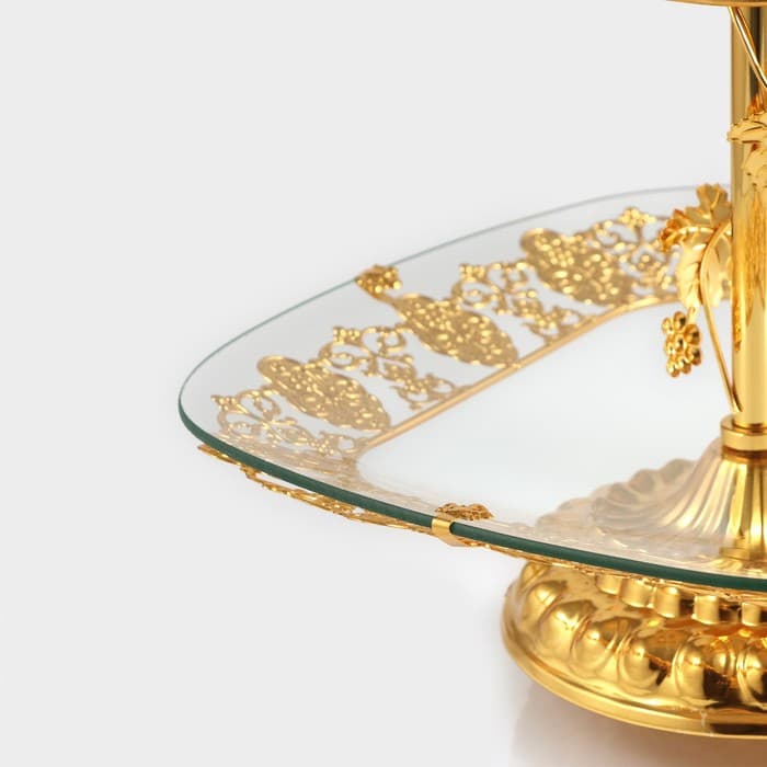 Этажерка-фруктовница квадратная, 2 яруса, 29×29 см, 17×17 см, высота 43 см, стекло, золотистая